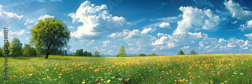 beautiful spring day panorama background,landscape  Meadow with blue sky and green grass, white and pink spring daisy flowers  ,banner  photo