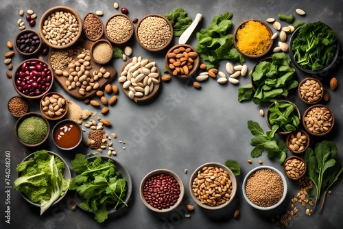 Vegan food with nuts  beans  greens and seeds. A gray background with copy space
