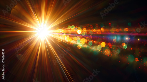 Abstract sun burst, digital flare, iridescent glare, lens flare effects over black background for overlay designs. generative ai photo