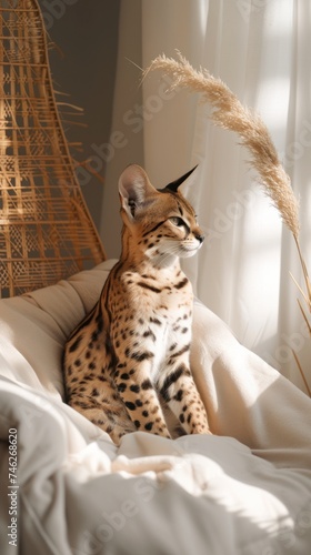 Serval wild cat at home interior. African spotted kitten. Yellow golden fur with black dot and big fluffy ears.