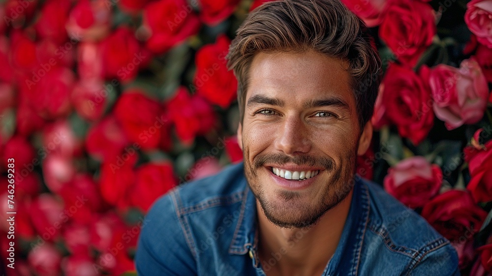 attractive young man with a red rose backdrop grinning and facing the camera. attractive young man with a red rose backdrop grinning and facing the camera.