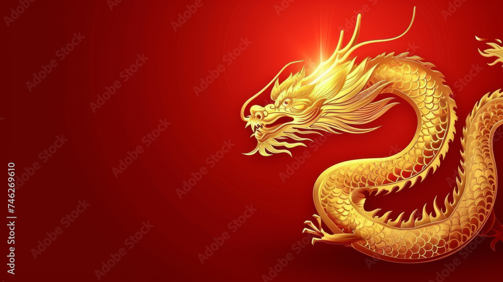 Obraz premium A stunning golden dragon, resplendent against a vibrant red background, offers abundant copy space, blending traditional elegance with modern allure for captivating designs or messages.