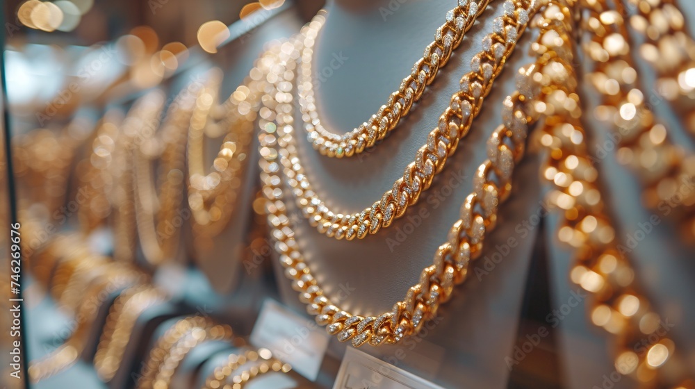 Elegant gold chain necklace displayed in a women's boutique. Vertical presentation. Elegant gold chain necklace displayed in a women's boutique. Vertical presentation.