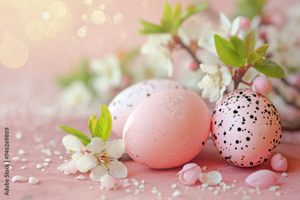 Colorful Easter eggs with spring flowers on cherry branches on a soft pink background.