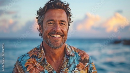 Beautiful man in a Hawaiian shirt, grinning at the camera against a backdrop of the water.