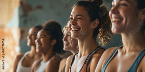 A group of active ladies happily posing in a yoga studio, exercising together in a gym, and attending a yoga session of various ages.