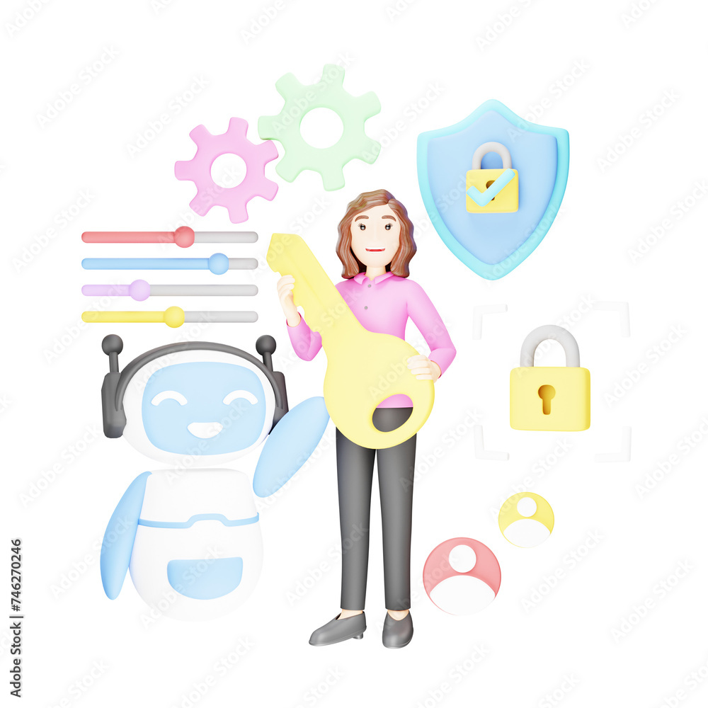 Girl Using AI Security Feature in 3D Character Illustration Girl Using AI Security Feature in 3D Character Illustration