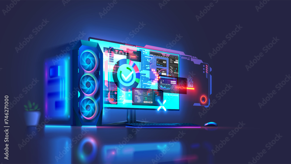 Modern powerful desktop PC computer in dark. Computer case of gaming PC with empty monitor, keyboard, mouse on desk. Desktop computer with abstract interfaces of programs. Computer technology concept. Modern powerful desktop PC computer in dark. Computer case of gaming PC with empty monitor, keyboard, mouse on desk. Desktop computer with abstract interfaces of programs. Computer technology concept.