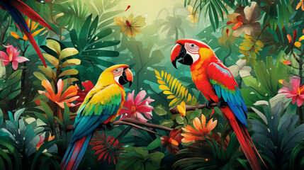 Crédence de cuisine  Two Parrots Perched on Branch. Generative AI  © MikeLegend