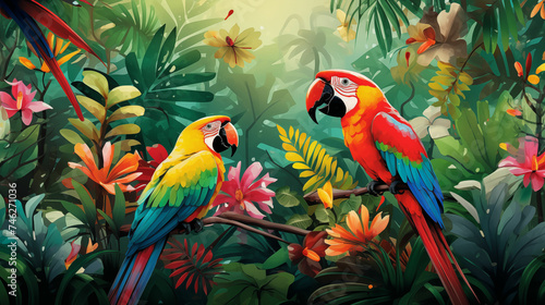 Two Parrots Perched on Branch. Generative AI © MikeLegend