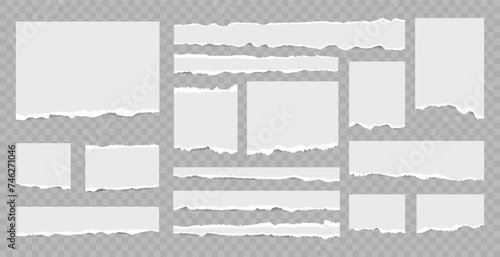 Set of grey scrapbook torn note paper pieces, memo sheets or notebook shred. Paper scraps with torn edges vector illustration. Design for social media, banner, poster