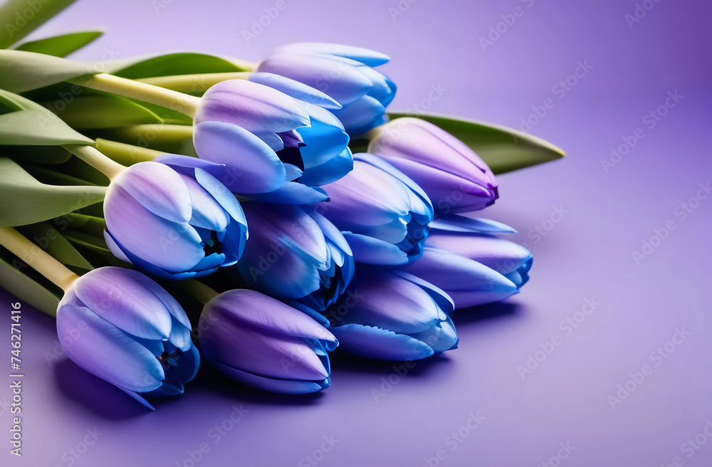 Obraz premium Blue spring flowers on an purple background. Generative AI