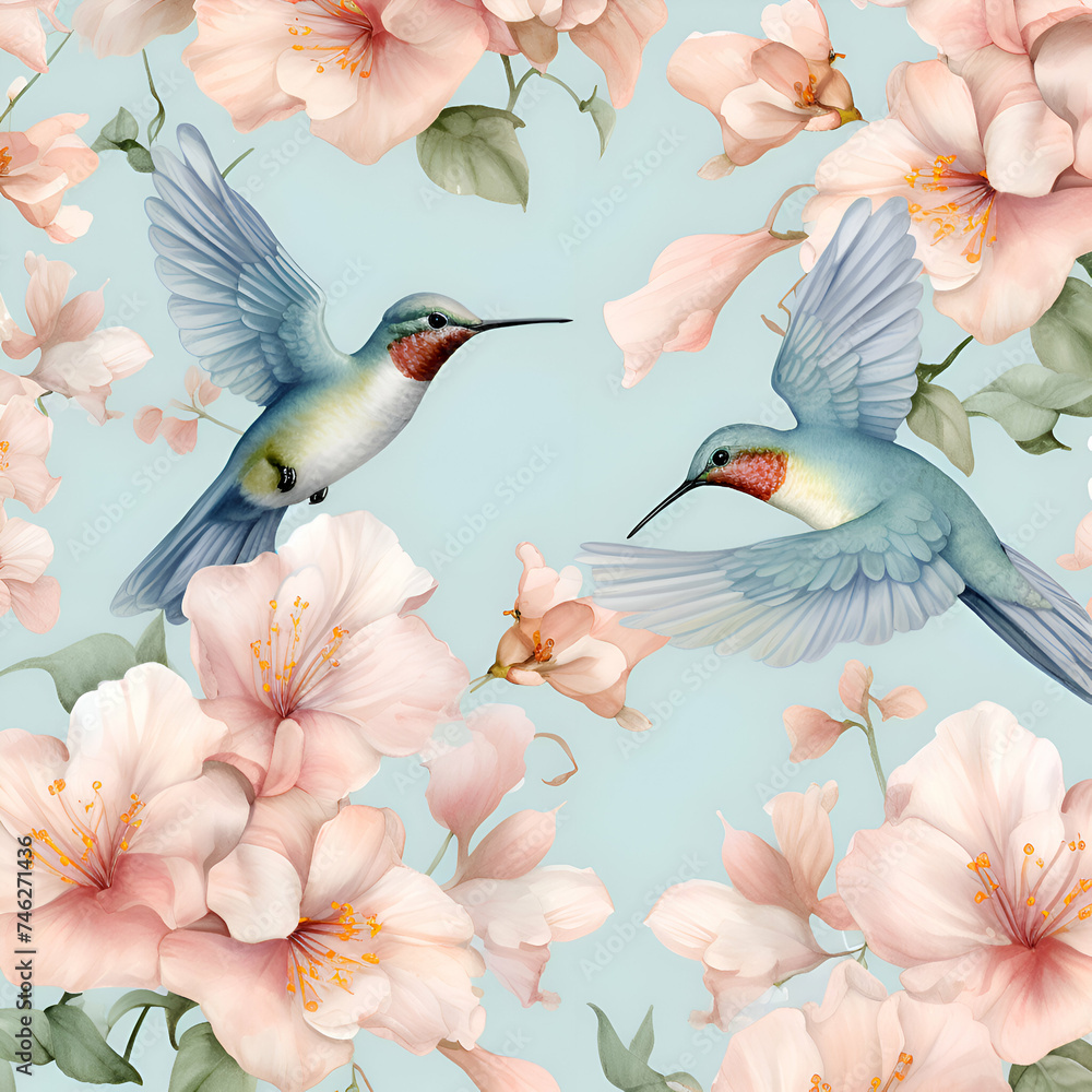 Watercolor seamless pattern with pink flowers and hummingbird on blue background