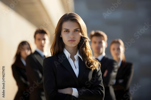 Young business woman looking at the camera with her colleagues on the background. multi ethnic group of business people.