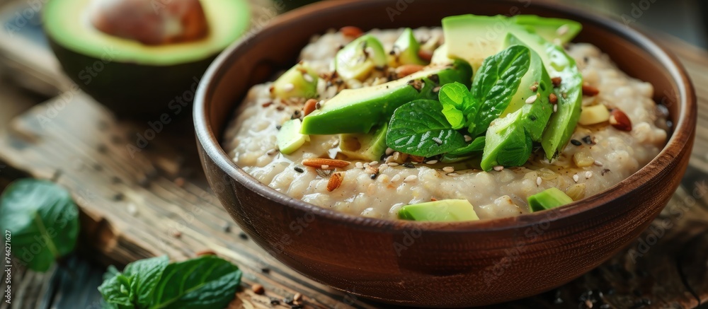 A wooden table is adorned with a bowl filled with creamy oatmeal, topped with slices of ripe avocado and fresh mint leaves. The vibrant green of the avocado contrasts beautifully with the warm tones A wooden table is adorned with a bowl filled with creamy oatmeal, topped with slices of ripe avocado and fresh mint leaves. The vibrant green of the avocado contrasts beautifully with the warm tones