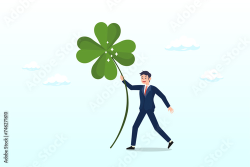 Lucky businessman with crossed finger gesture holding lucky clover leaf, luck for success, blessing for work opportunity, fortune or chance, good luck or happiness (Vector)