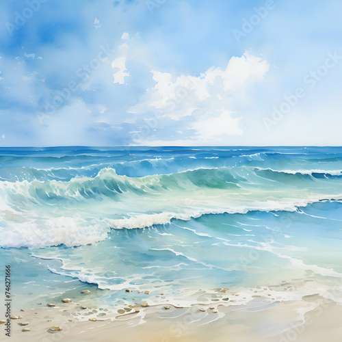 Sea wave on sandy beach. Nature background. Watercolor painting.