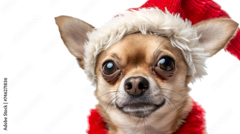 Adorable happy chihuahua dog dressed in Christmas costume studio portrait isolated on white, cute funny animal portrait, great for greeting cards. generative ai