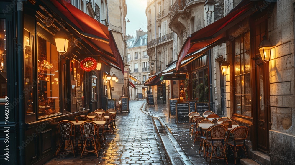Historic Parisian street lined with cafe tables, offering a charming city view. - obrazy, fototapety, plakaty 