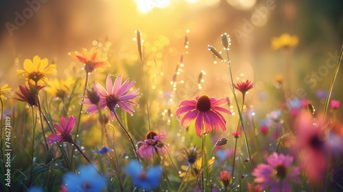 A glorious sunrise casting its golden rays on a field of blooming wildflowers, each petal adorned with morning dew.