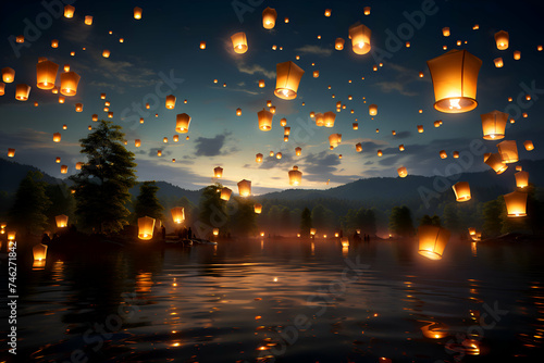 Floating lanterns in the sky at
