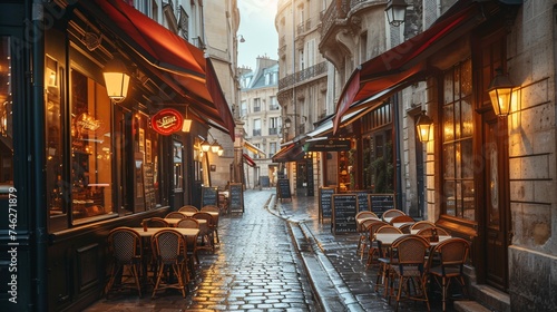 Historic Parisian street lined with cafe tables, offering a charming city view. photo
