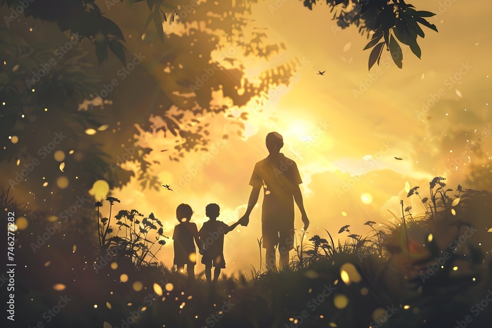 : Design a sentimental AI-generated picture illustrating a father and his kids engaged in a creative Father's Day activity, encapsulating the spirit of love and companionship 
 - obrazy, fototapety, plakaty 