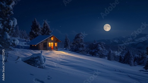 A moonlit night over a snow-covered landscape, with a small cabin illuminated from within, casting a warm glow against the cold, wintry surroundings. © Resonant Visions