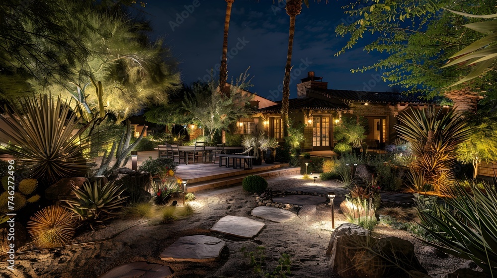 A house at desert landscaping at night time, Outdoor seating
