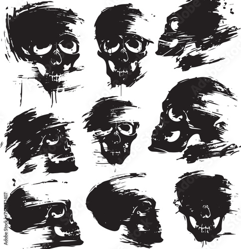 Set of vector hand drawn grunge style black skulls signs