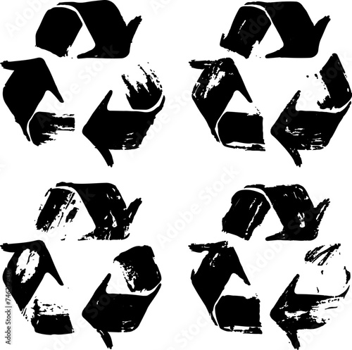 Set of vector hand drawn grunge style black recycle signs