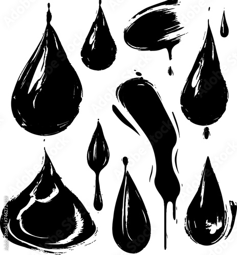 Set of vector hand drawn grunge style black water drop signs