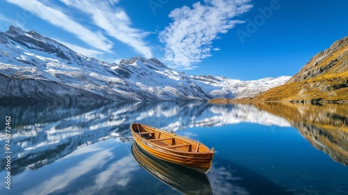 A pristine mountain lake reflecting the snow-covered peaks and the azure sky, with a solitary boat peacefully floating on the calm, clear water.