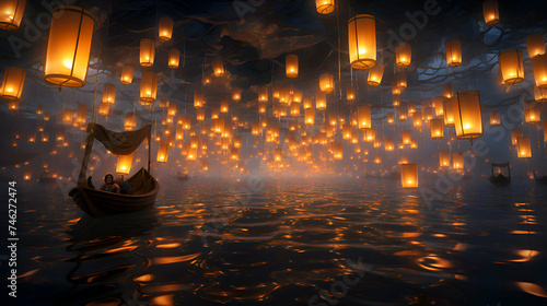Lanterns floating in the sea. 3d rendering.
