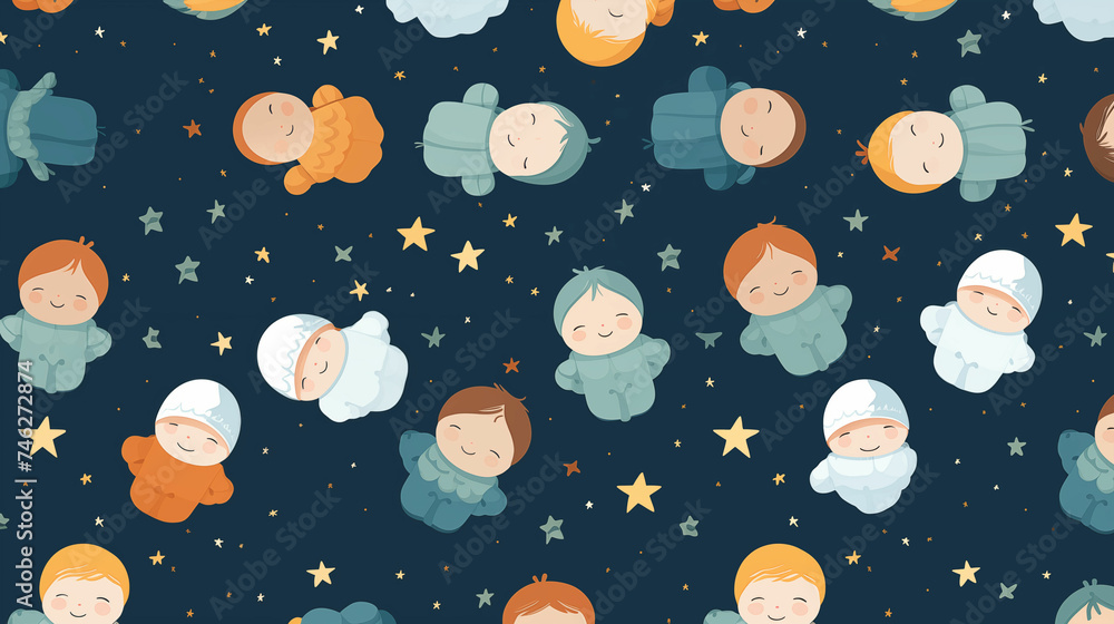 Sleeping Babies and Stars Pattern on Dark Blue Background. Generative AI Sleeping Babies and Stars Pattern on Dark Blue Background. Generative AI