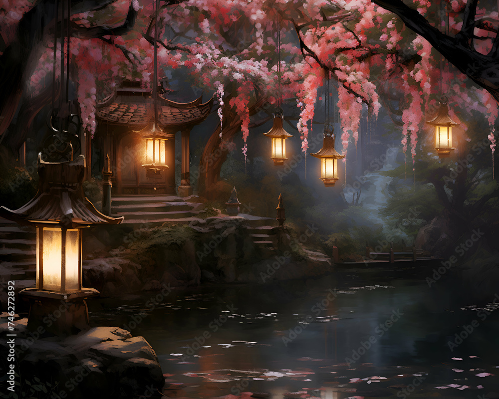 Illustration of a Japanese garden with lanterns and cherry blossom