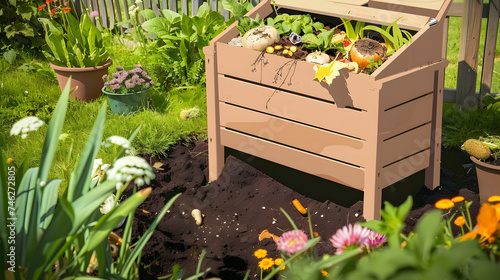 Bac à compost ouvert avec épluchures et vers de terre dans un jardin