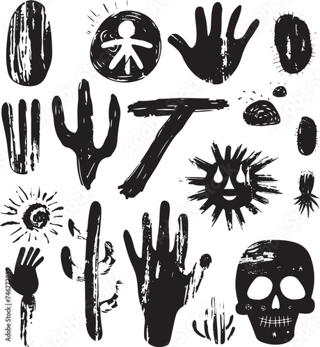 Set of vector hand drawn grunge style black peace hippie signs and shapes