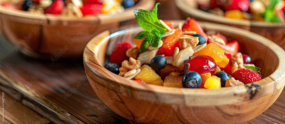 A wooden bowl filled with colorful fruit salad sits on top of a rustic wooden table, showcasing a healthy and vibrant morning meal option. A wooden bowl filled with colorful fruit salad sits on top of a rustic wooden table, showcasing a healthy and vibrant morning meal option.