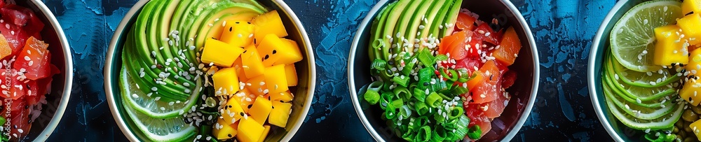 Colorful poke bowls with mango avocado and sesame seeds island flavor