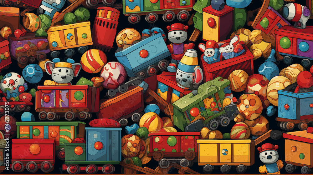 Colorful Toy Trains and Trucks Piled Up. Generative AI Colorful Toy Trains and Trucks Piled Up. Generative AI
