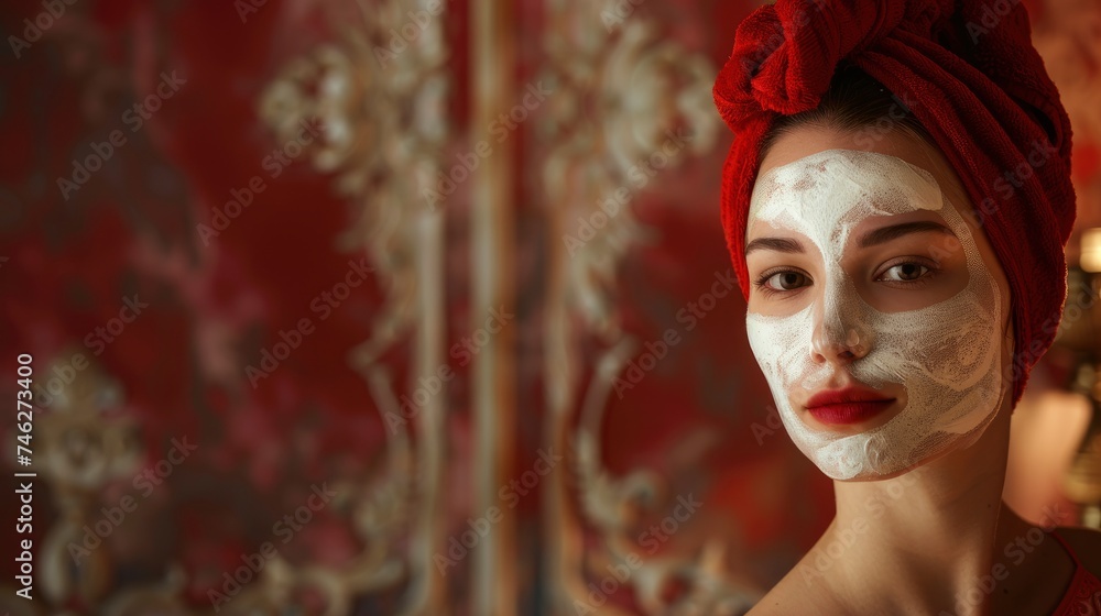 Stylish portrait of charming woman in luxury spa with cream face mask, copyspace, professional photo