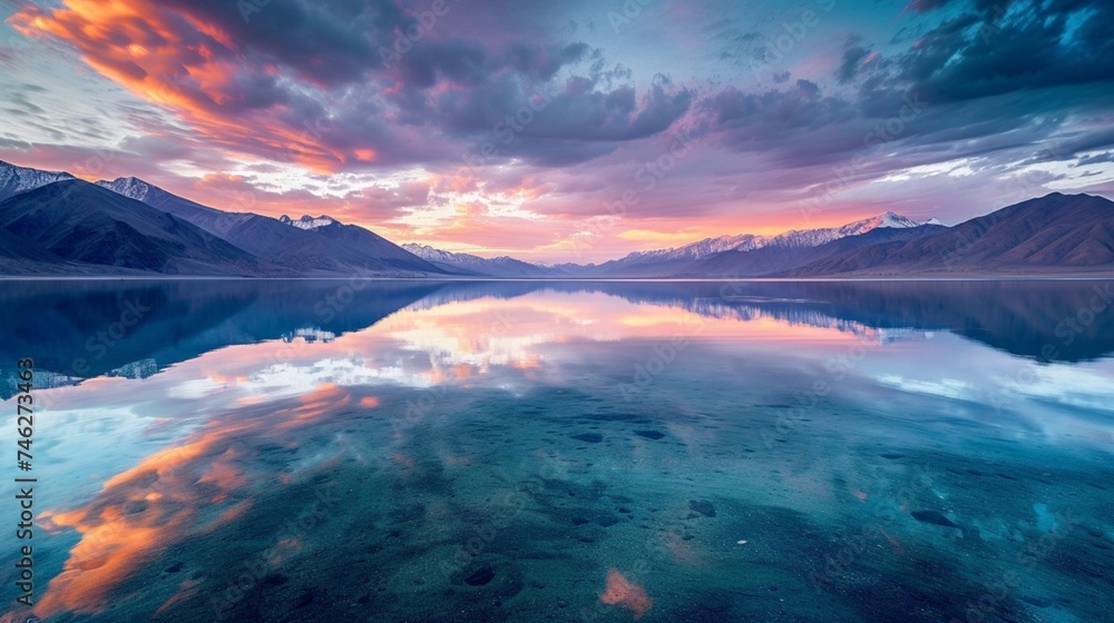 A tranquil sunrise over Pangong Lake in Ladakh, India, with its crystal-clear waters reflecting the changing colors of the sky. 