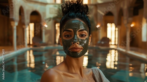 Stylish portrait of charming woman in luxury spa with clay face mask, professional photo © shooreeq