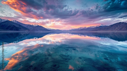 A tranquil sunrise over Pangong Lake in Ladakh, India, with its crystal-clear waters reflecting the changing colors of the sky. 