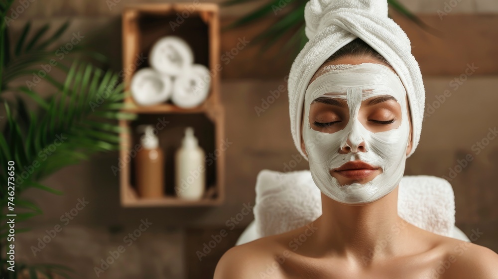 Stylish portrait of charming woman in luxury spa with cream face mask, copyspace, professional photo Stylish portrait of charming woman in luxury spa with cream face mask, copyspace, professional photo