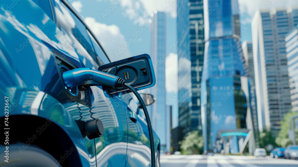 Fototapeta premium Close up of white modern electric car’s charging port in urban city road with skyscraper, blue sky and white cloud in background. Future, green and renewable battery energy concept