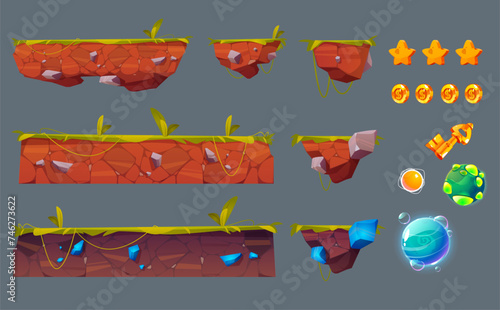 Ground platform, floating island and assets for game ui design. Cartoon level land with green grass, stones and gem crystals in soil, magic neon glowing spheres, golden star, key and coin icons.