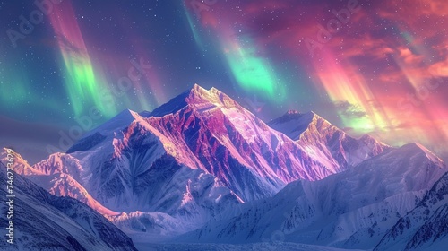 Denali, North America's tallest peak, under a vivid display of the Northern Lights. 