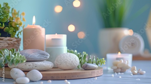 Luxury spa still life staged photo with stones, candles and plants decorations, copyspace, pastel background, professional photo